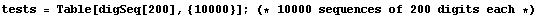 tests = Table[digSeq[200], {10000}] ; (* 10000 sequences of 200 digits each *)