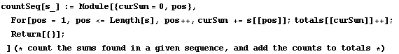 countSeq[s_] := Module[{curSum = 0, pos}, For[pos = 1, pos <= Length[s], pos ++, cu ... eturn[{}] ; ] (* count the sums found in a given sequence, and add the counts to totals *)